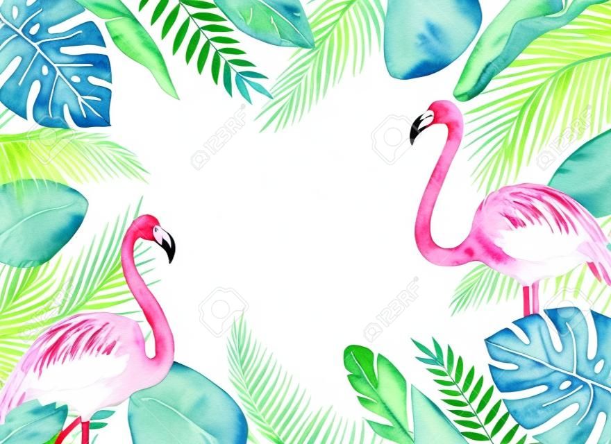 Cartão aquarela de folhas tropicais e o flamingo rosa isolado no fundo branco.