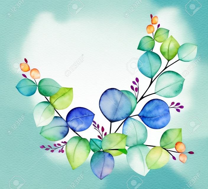 グリーン ユーカリの葉と枝と水彩ベクトル花輪。グリーティング カードや結婚式の招待状のばねまたは夏の花。