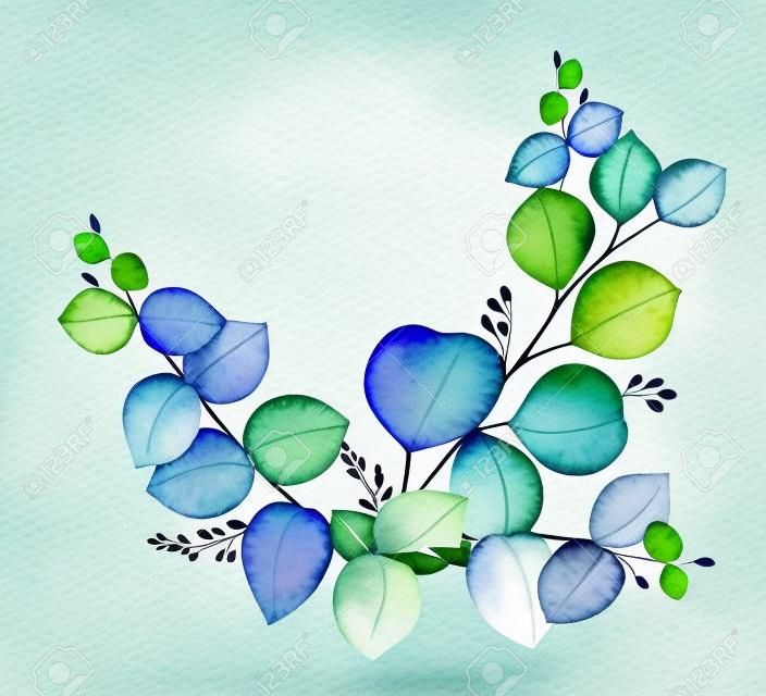 Акварель вектор венок с зелеными листьями и ветвями эвкалипта. Весенние или летние цветы для приглашения, свадьбы или поздравительные открытки.