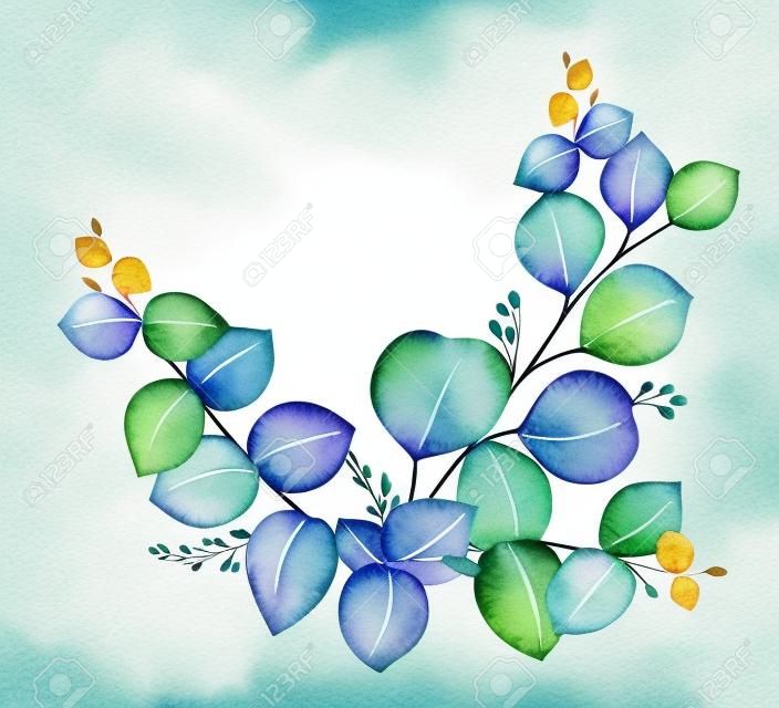 水彩矢量花圈与青桉树叶和枝叶春天或夏天的鲜花邀请婚礼或贺卡