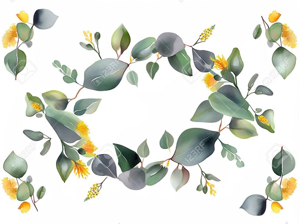 Grinalda de vetor em aquarela com folhas de eucalipto e ramos verdes.