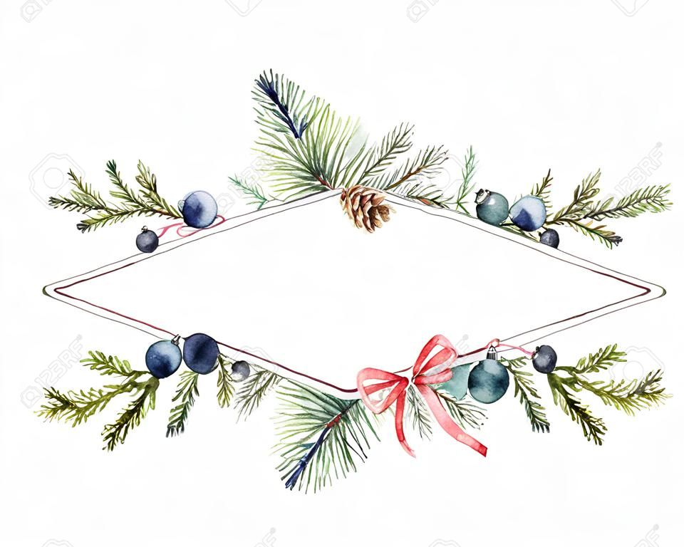 水彩絵ベクトルのクリスマスバナーとモミの枝とテキストの場所。白い背景に分離されたグリーティング カードと招待状のイラスト。