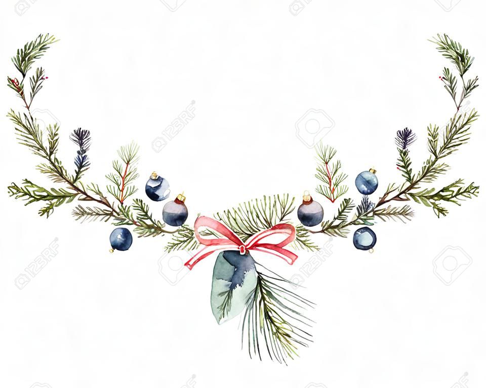Akwarela wektor transparent Boże Narodzenie z gałęzi jodły i miejsce na tekst. Ilustracja do kart okolicznościowych i zaproszeń na białym tle.