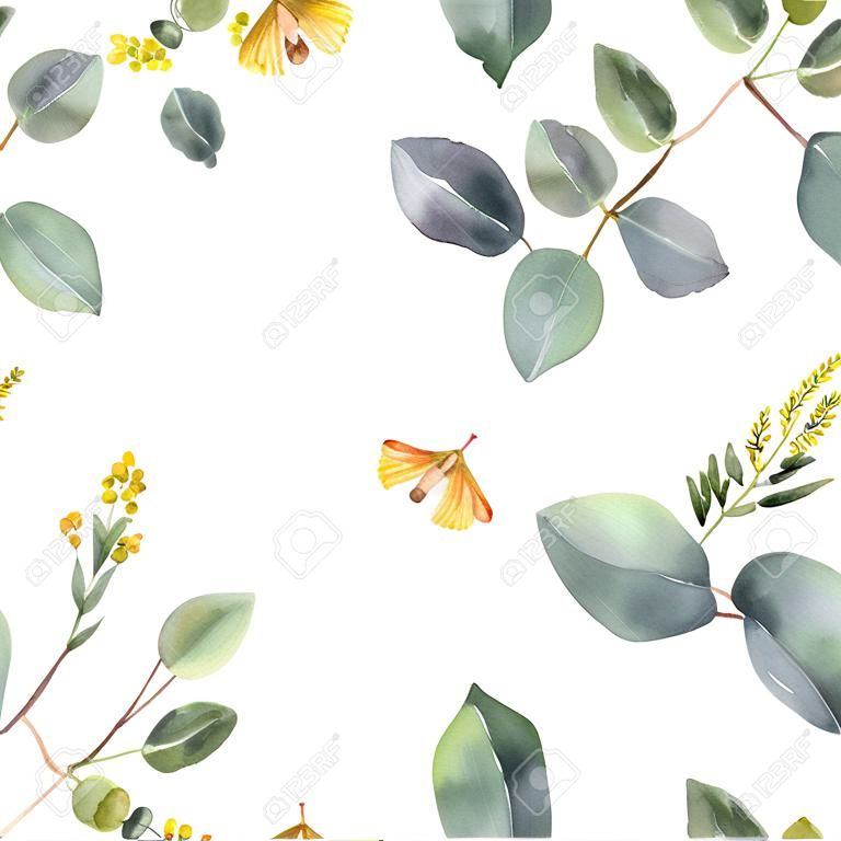 Watercolor vector card with green eucalyptus leaves and meadow plants. Healing Herbs for cards, wedding invitation, posters, save the date or greeting design isolated on white background.