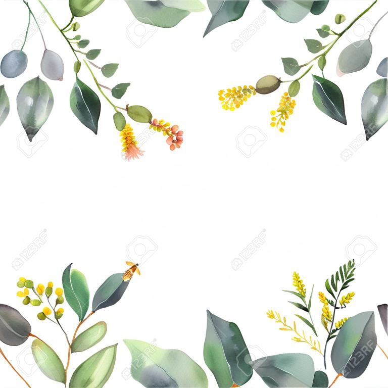 Watercolor vector card with green eucalyptus leaves and meadow plants. Healing Herbs for cards, wedding invitation, posters, save the date or greeting design isolated on white background.