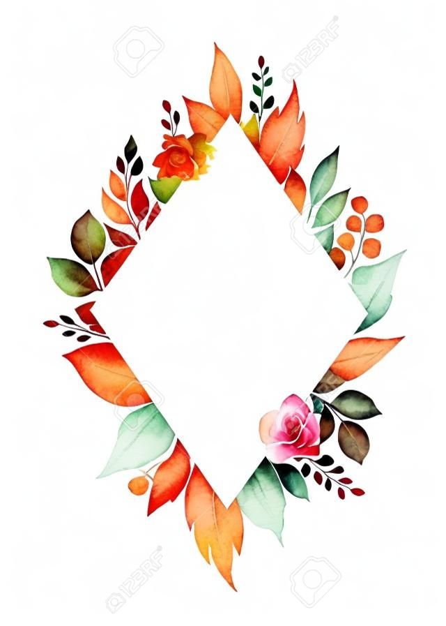 Watercolor vector autumn frame with roses and leaves isolated on white background. Botanic composition for greeting cards, wedding invitations, floral poster and decorations.