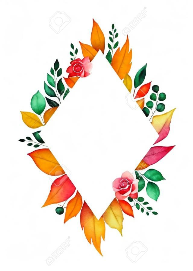Watercolor vector autumn frame with roses and leaves isolated on white background. Botanic composition for greeting cards, wedding invitations, floral poster and decorations.