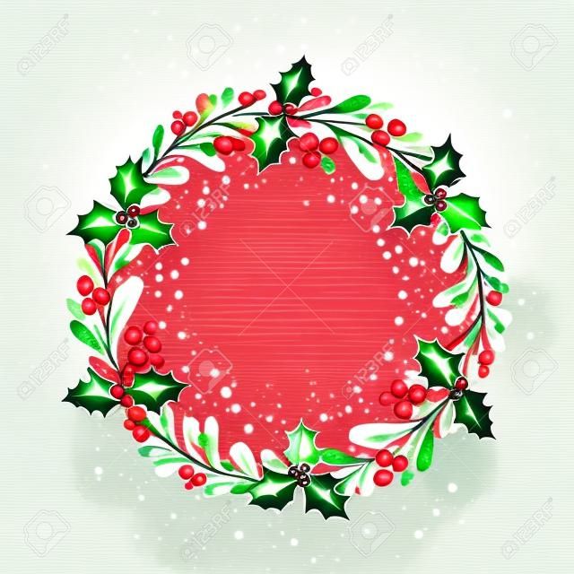 Watercolor vector Christmas wreath with green branches and red berries. Illustration for greeting floral postcard and invitations isolated on white background.