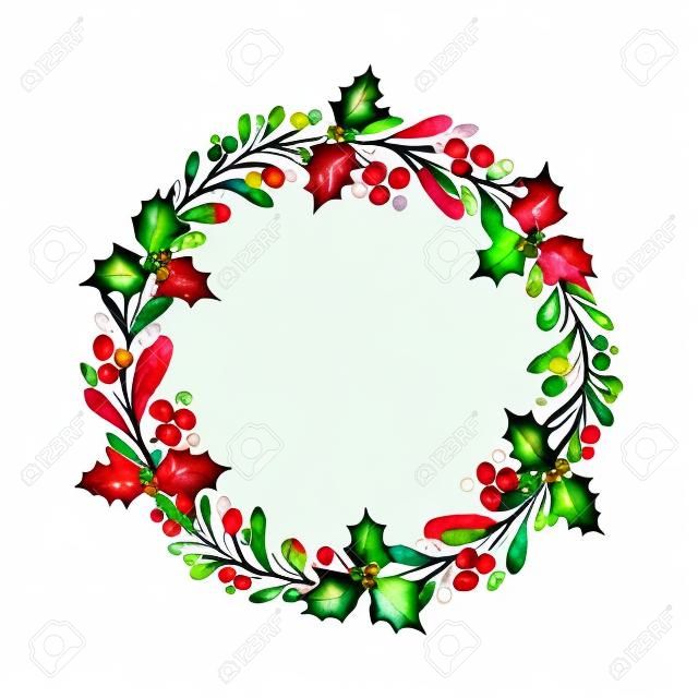 Grinalda do Natal do vetor da aquarela com ramos verdes e bagas vermelhas. Ilustração para o cartão postal floral da saudação e os convites isolados no fundo branco.