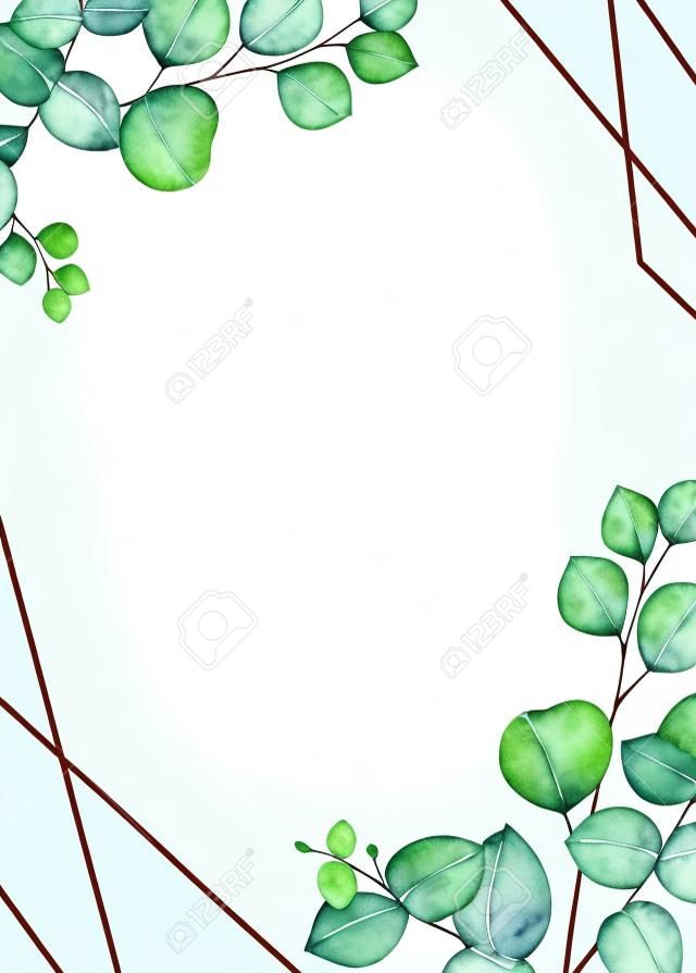 Watercolor vector frame with green eucalyptus leaves.