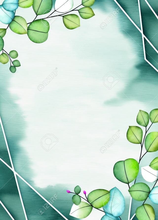 Quadro vetorial aquarela com folhas de eucalipto verde.