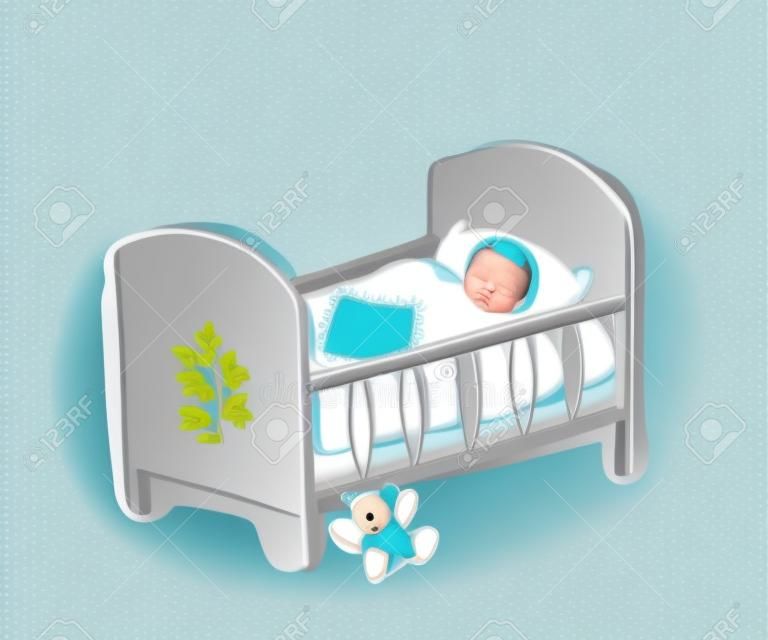 Cuna de bebe. Ilustración de vector de recién nacido. Boceto de cuna para la niña.
