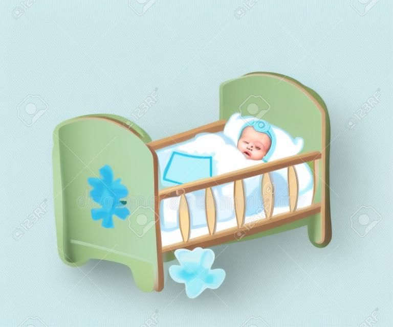 Cuna de bebe. Ilustración de vector de recién nacido. Boceto de cuna para la niña.