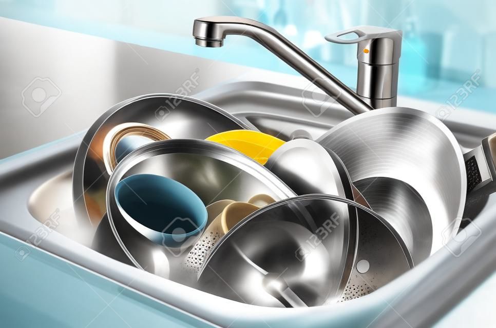 肮脏的盘子和未洗过的厨房用具填满了厨房的水槽。