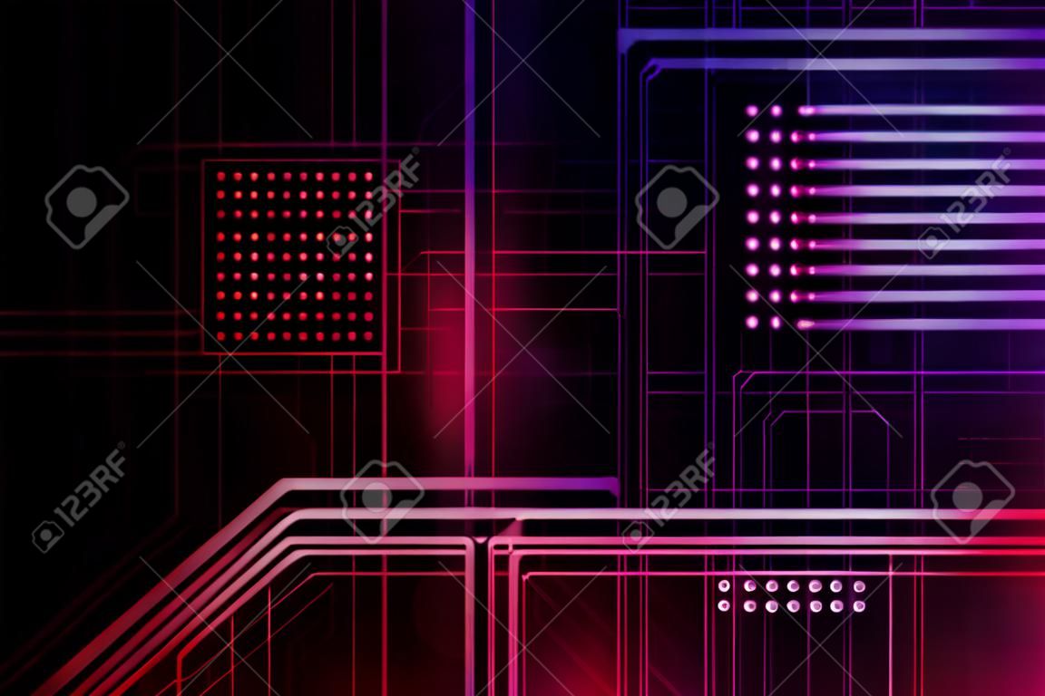 An abstract technological background consisting of a multitude of luminous guiding lines and dots forming a kind of physical motherboard. Red and violet color