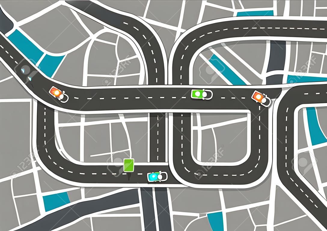 City Road Map with Streets. Vector Highway on Town Aerial View.