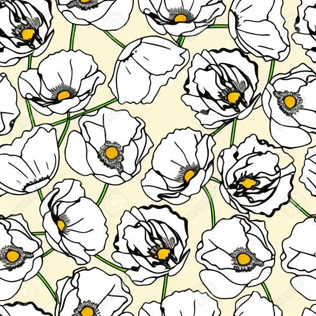 beautiful natural pattern with white poppies on a beige background
