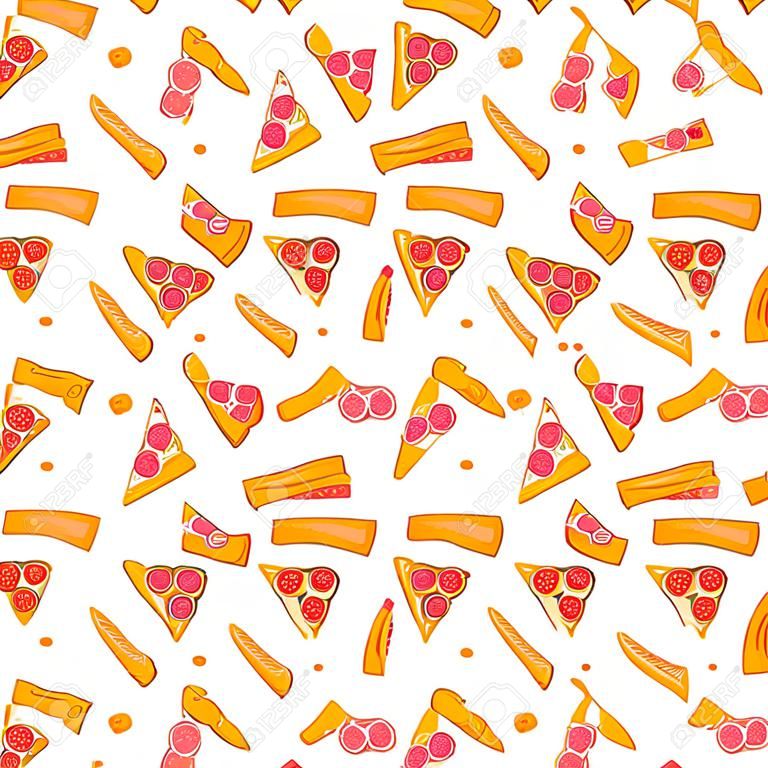 Cute seamless background of delicious pizza slices. hand-drawn illustration