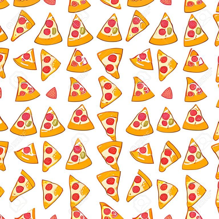Lezzetli pizza dilimleri şirin sorunsuz arka plan. elle çizilmiş illüstrasyon