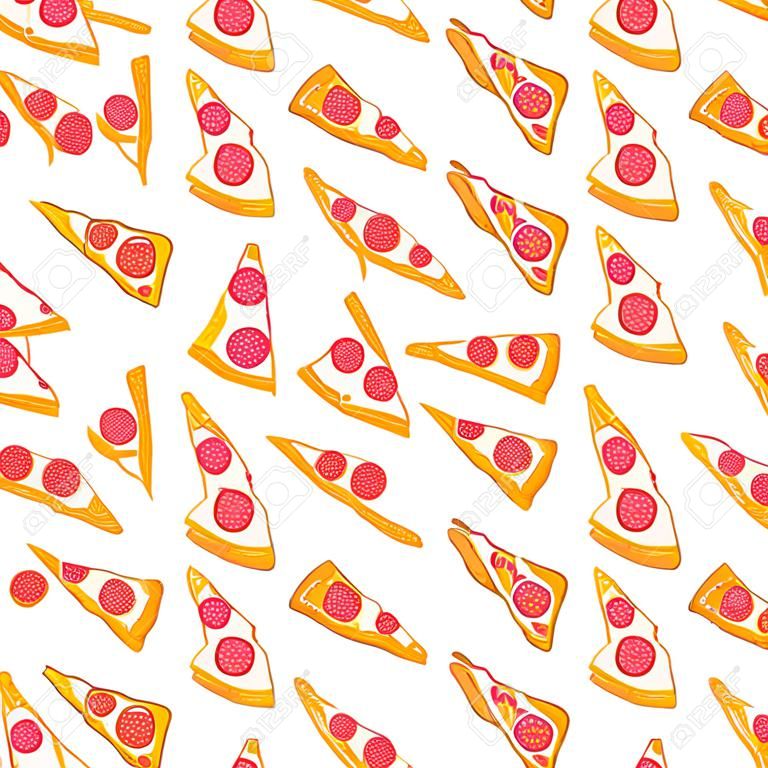 Cute seamless background of delicious pizza slices. hand-drawn illustration