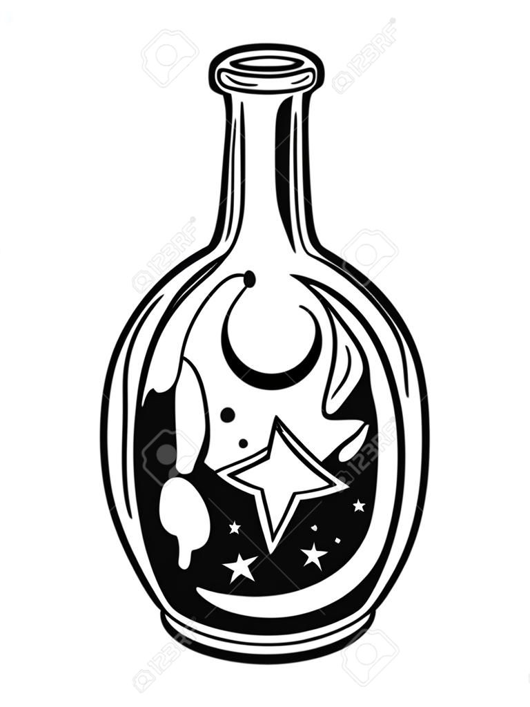 Poción mágica en una botella de vidrio. ilustración vectorial