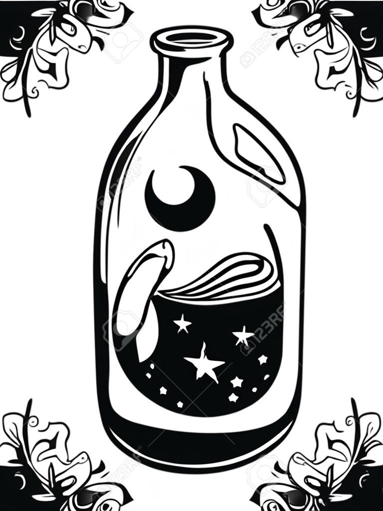 Poción mágica en una botella de vidrio. ilustración vectorial