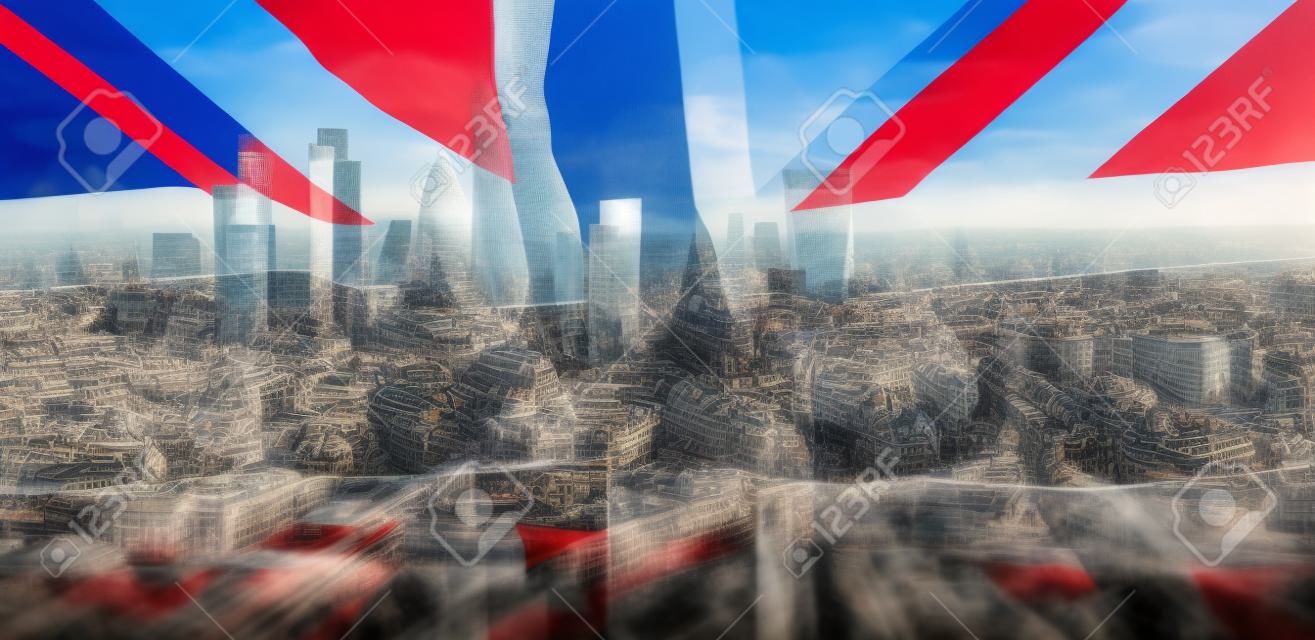 brexit concept - double exposure of flags and London skyscrapers