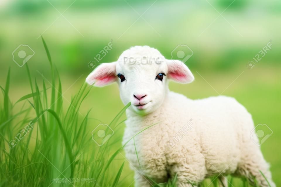 Porträt des niedlichen kleinen Lammes, das in der grünen Frühlingswiese weidet