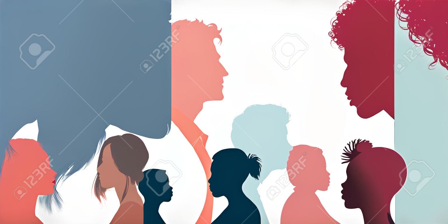 Diversity multi-ethnic and multiracial people. Silhouette group of men and women of diverse culture standing together in front of the other. Concept racial equality and anti-racism