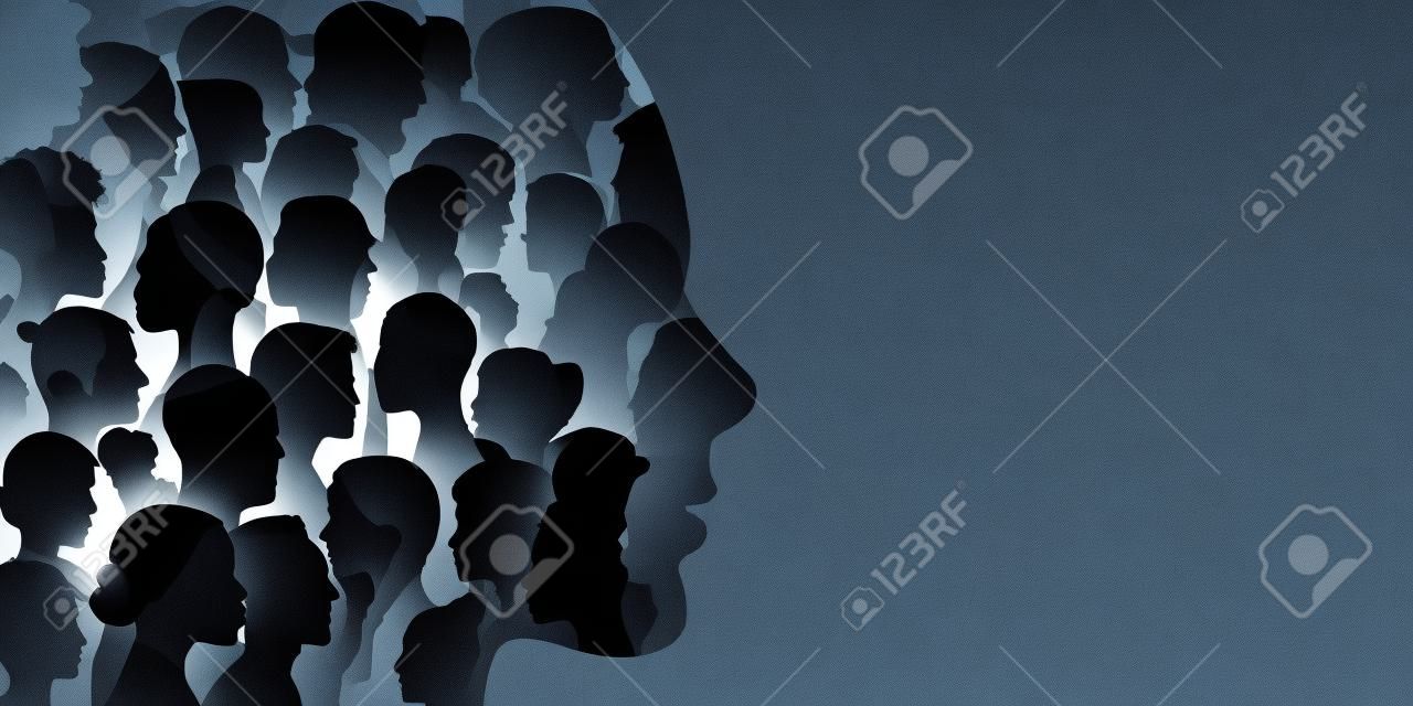 Banner copy space. Silhouette profile group of men and women of diverse cultures. Diversity multi-ethnic and multiracial people. Concept of racial equality and anti-racism. Multicultural