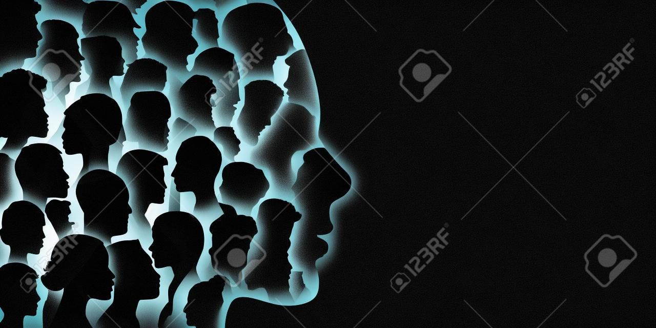 Banner copy space. Silhouette profile group of men and women of diverse cultures. Diversity multi-ethnic and multiracial people. Concept of racial equality and anti-racism. Multicultural