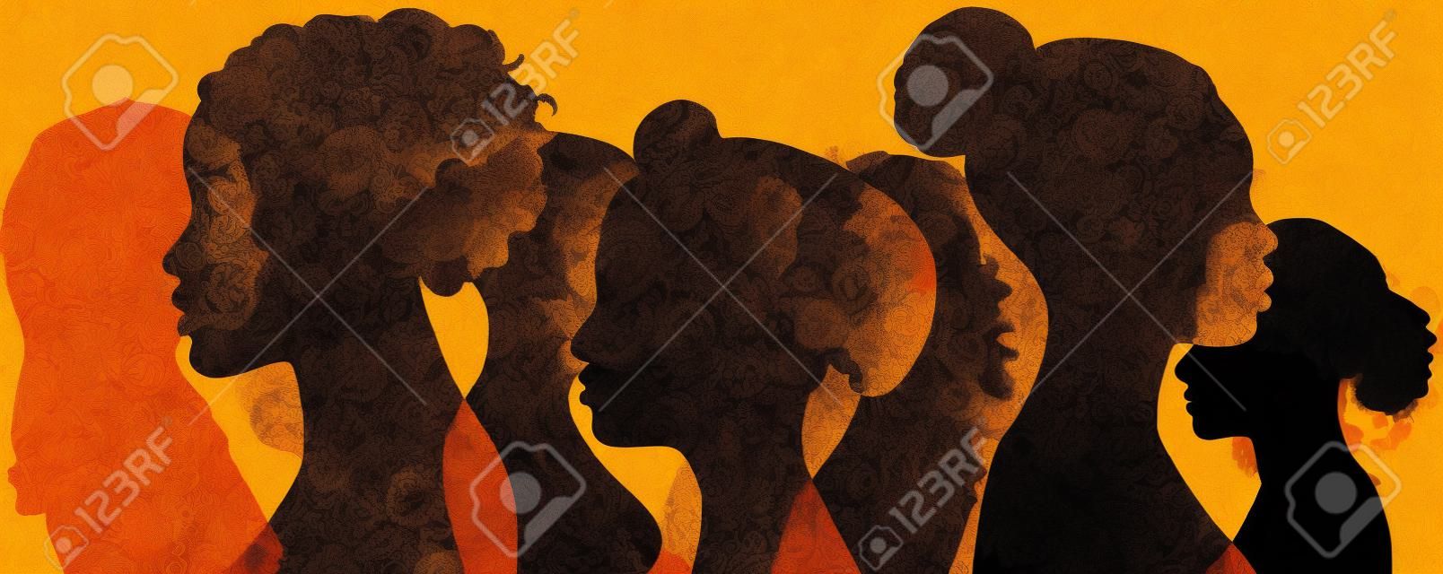 Grupa wielokulturowej różnorodności wieloetniczne kobiety i dziewczęta - profil sylwetki głowy. żeńska społeczność sieci społecznościowych różnych kultur. równość rasowa. wzmocnienie. koledzy.zespół