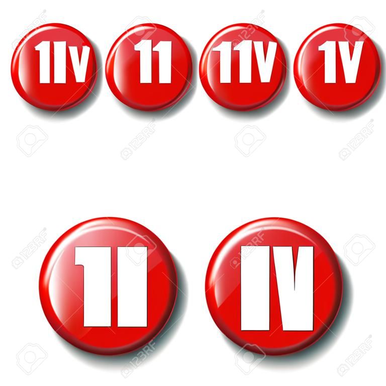 Set of red round button icons with roman numerals 1, 2, 3, 4. Circle label for sport competition places, rating levels. Design elements on white background with transparent shadow.