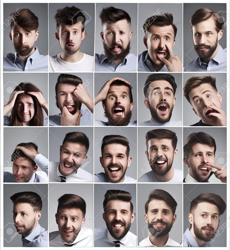 Set von jungen Porträts des Mannes mit verschiedenen Emotionen auf grauem Hintergrund