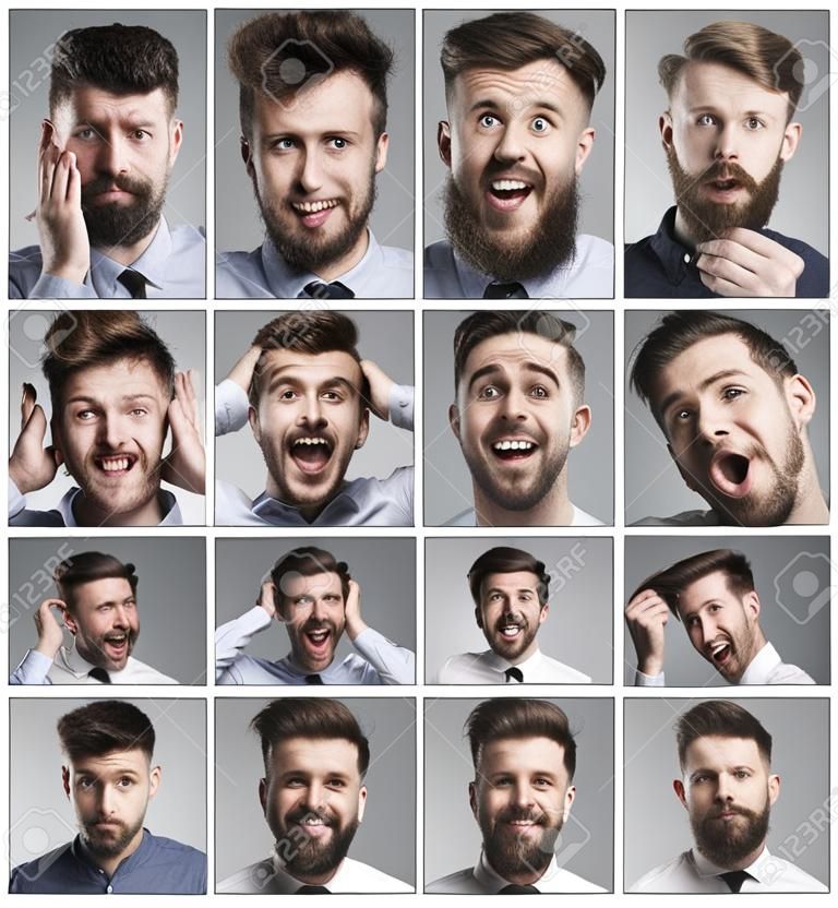 Set of young man's portraits with different emotions on gray background