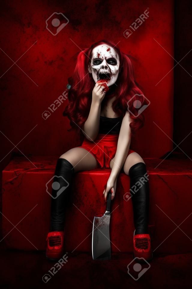 Bloody Halloween thema: Het gekke meisje met mes op donker