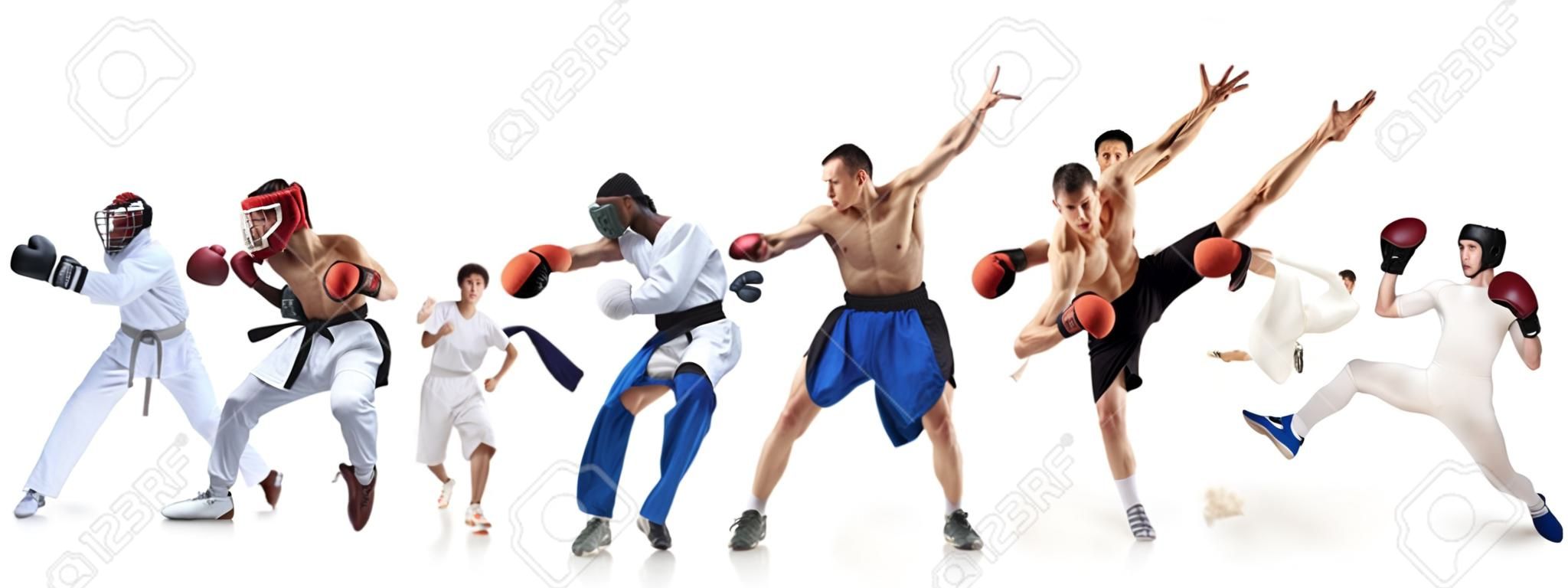 Collage sportivi su boxe, calcio, football americano, pallacanestro, hockey su ghiaccio, scherma, jogging, taekwondo, tennis