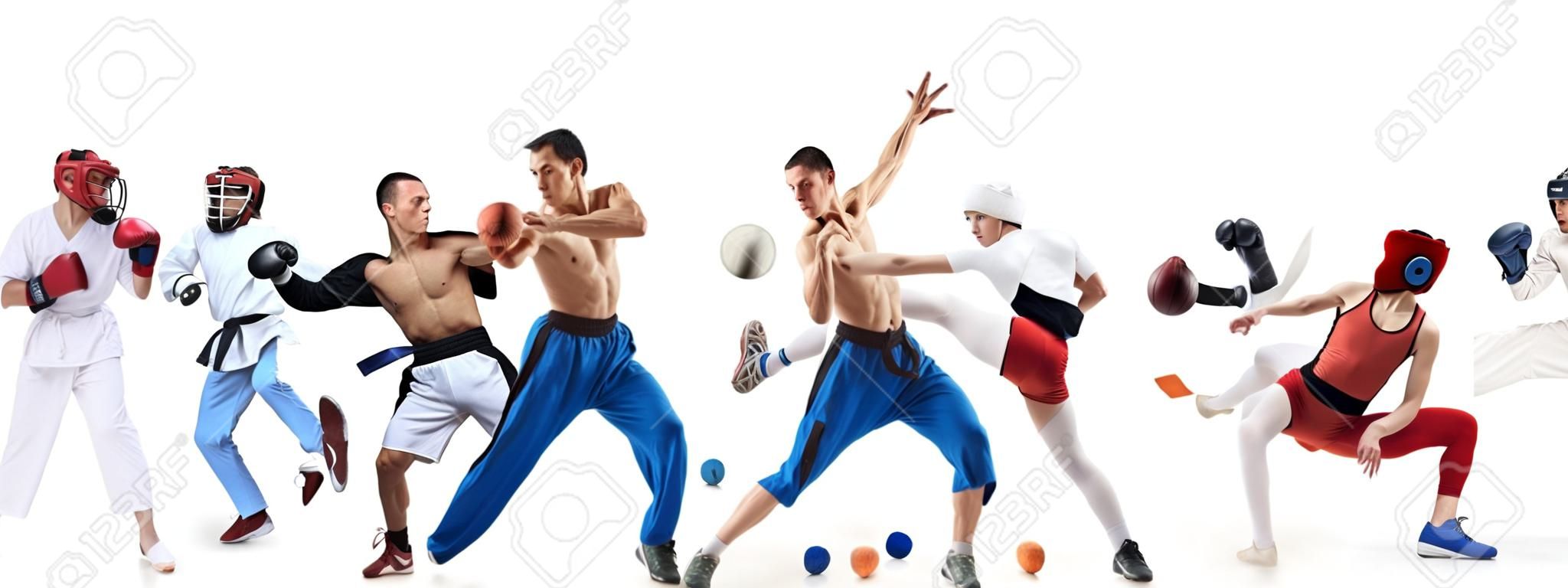 Collage sportivi su boxe, calcio, football americano, pallacanestro, hockey su ghiaccio, scherma, jogging, taekwondo, tennis