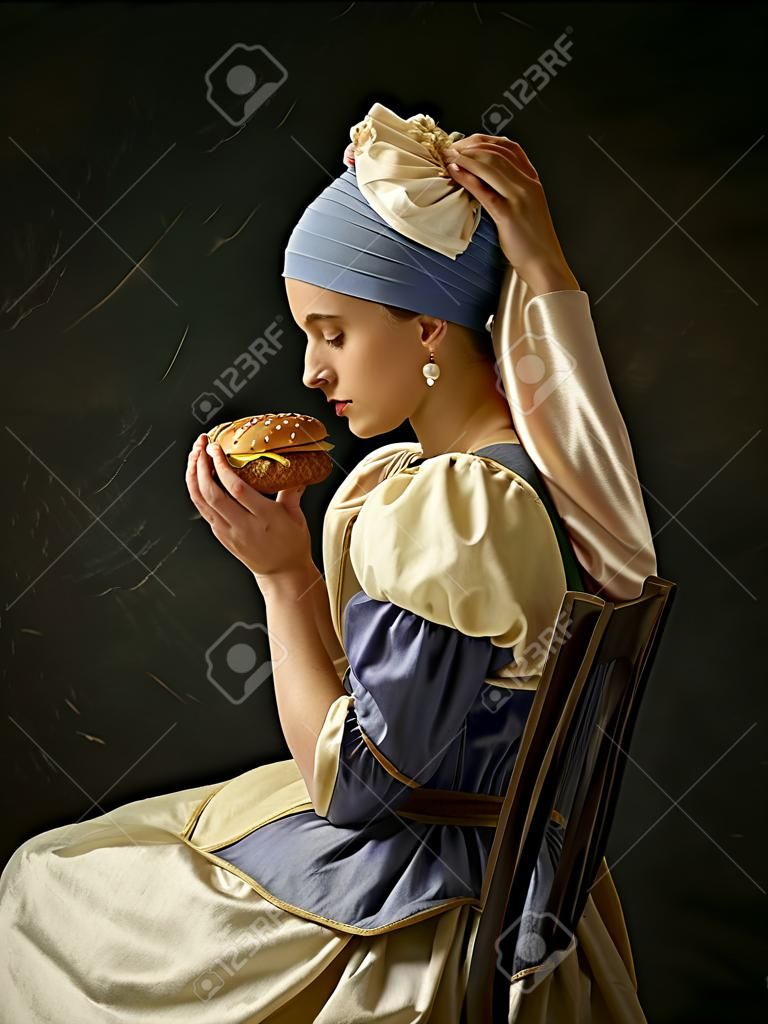 Medieval Woman in Historical Costume Wearing Corset Dress and Bonnet with burger. Beautiful peasant girl wearing thrush costume