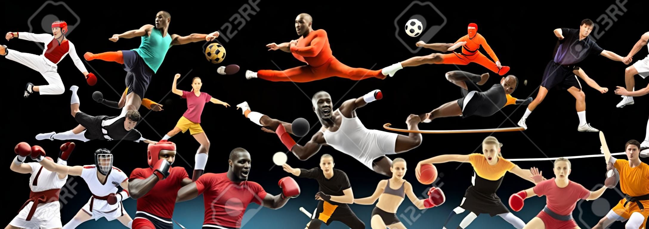 Sport collage about kickboxing, football, basketball, ice hockey, badminton, volleyball, snowboard, aikido, karate tennis, rugby, gymnastics on black background