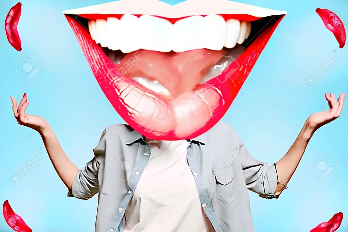 Collage en estilo revista con emociones felices y labios femeninos en lugar de cabeza. concepto emocional.