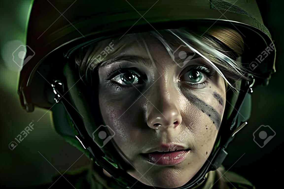 Nur eine Chance, am Leben zu sein. Porträt der jungen Soldatin hautnah. Frau in Militäruniform über den Krieg. Depressiv und Probleme mit der psychischen Gesundheit und Emotionen, PTSD.