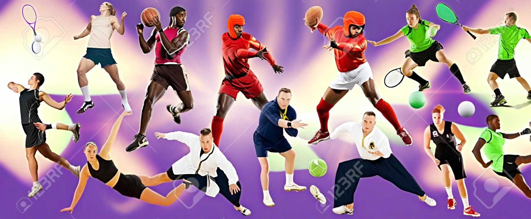 Sport collage. Tennis, running, badminton, soccer and american football, basketball, handball, volleyball, boxing, MMA fighter and rugby players. Fit women and men standing on purple background