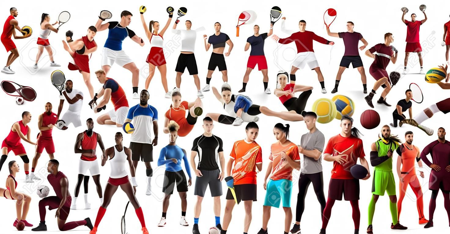 Sport collage. Tennis, hardlopen, badminton, voetbal en Amerikaans voetbal, basketbal, handbal, volleybal, boksen, MMA vechter en rugby spelers. Fit vrouwen en mannen staan geïsoleerd op witte achtergrond