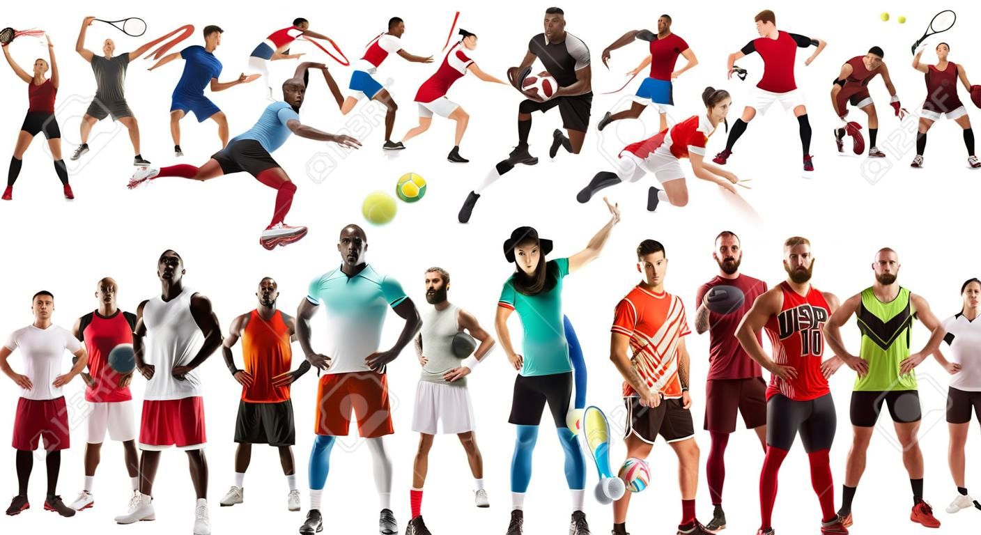 スポーツコラージュ。テニス、ランニング、バドミントン、サッカー、アメリカンフットボール、バスケットボール、ハンドボール、バレーボール、ボクシング、MMAファイター、ラグビー選手。白い背景に孤立して立っている女性と男性にフィット