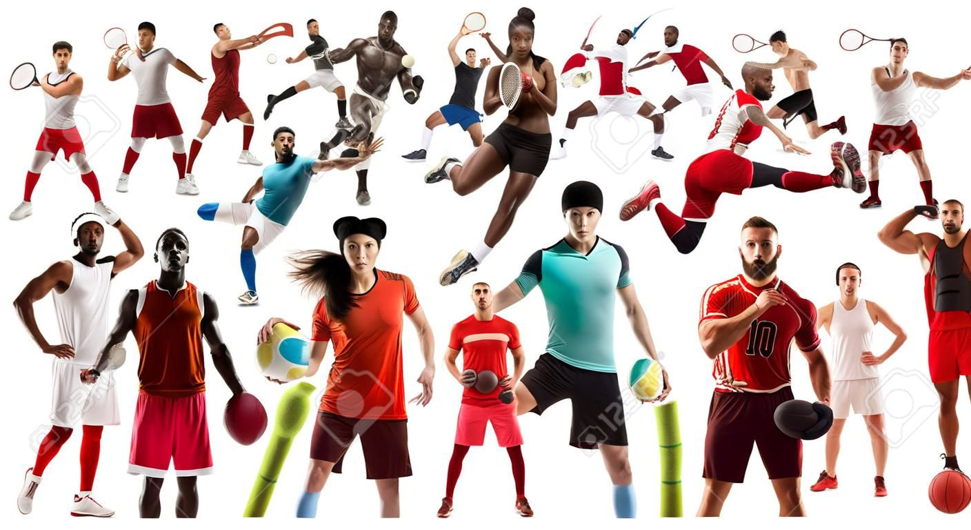 スポーツコラージュ。テニス、ランニング、バドミントン、サッカー、アメリカンフットボール、バスケットボール、ハンドボール、バレーボール、ボクシング、MMAファイター、ラグビー選手。白い背景に孤立して立っている女性と男性にフィット