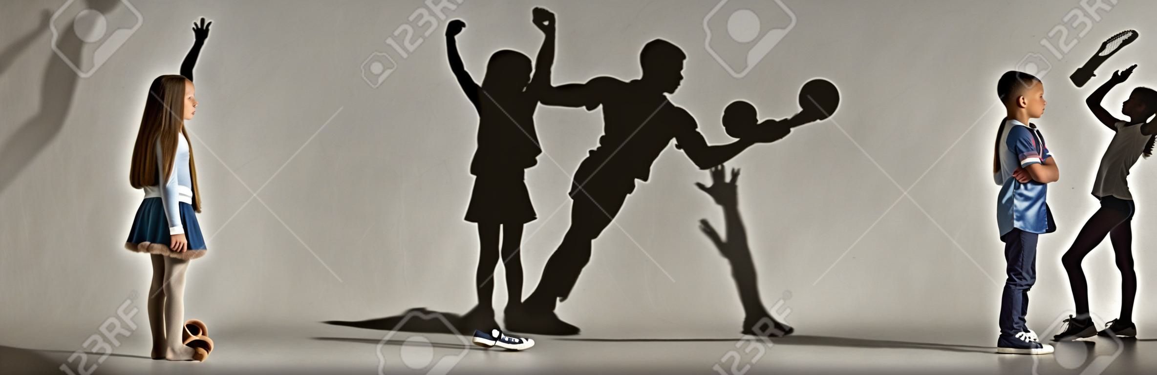 Infancia y sueña con un futuro grande y famoso. Imagen conceptual con niño y niña y sombras de atleta en forma, jugador de hockey, culturista, bailarina. Collage creativo de 2 modelos.