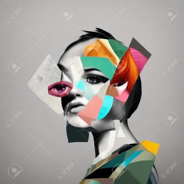 Young womans portrait made of different pieces of faces, modern art collage. New vision of beauty and fashion, make up, hairstyle. Modern style, contemporary view of emotions, feelings.