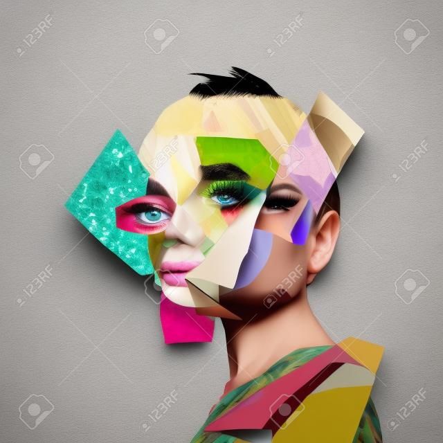 Young womans portrait made of different pieces of faces, modern art collage. New vision of beauty and fashion, make up, hairstyle. Modern style, contemporary view of emotions, feelings.
