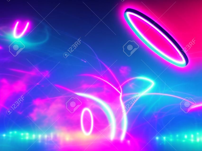 Luminous circles. Synth wave, retro wave, vaporwave futuristic aesthetics. Glowing neon style. Horizontal wallpaper, background. Stylish flyer for ad, offer, bright colors and smoke neoned effect.